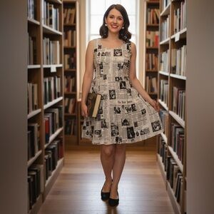 Newspaper Cat Print Sleeveless Dress